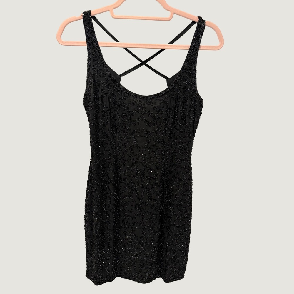 Vintage 90s Lillie Rubin Beaded Silk Crisscross Back Cocktail Dress